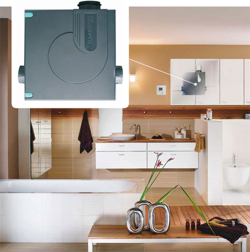 Компактный вытяжной вентилятор V2A легко помещается в шкафу ванной комнаты