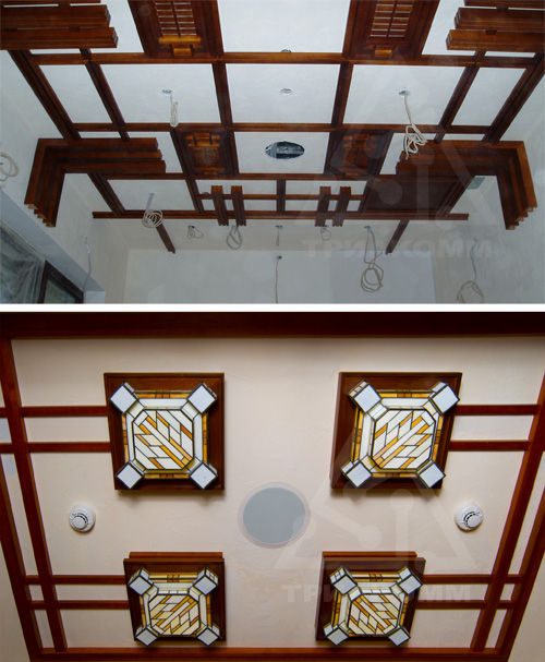 Наглядный пример монтажа акустических колонок мультирум в потолке на этапе строительства и после отделки