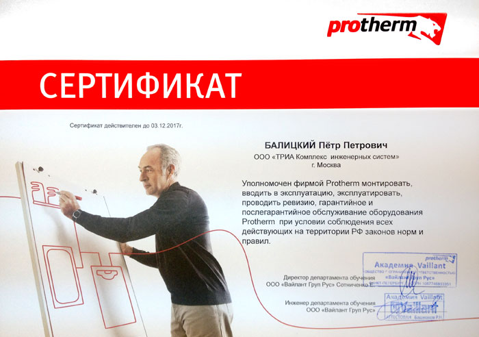 Сертификат Protherm Петра Балицкого
