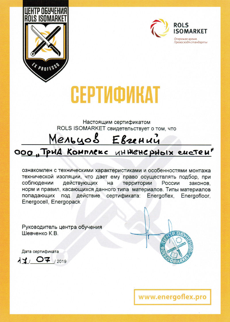 Сертификат о прохождении практикума в Rols Isomarket Евгения Мельцова