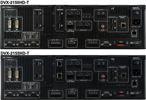 По этим фотографиям задних панелей коммутаторов Enova DVX-2150HD и DVX-2155HD можно оценить их функциональность