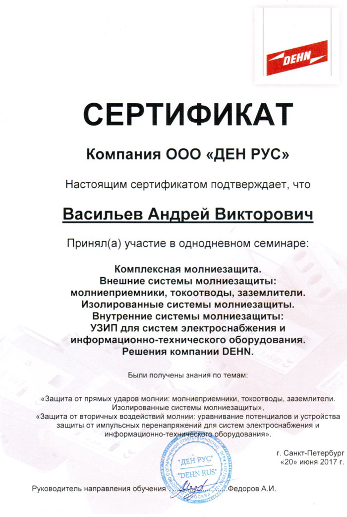 Сертификат компании ООО «ДЕН РУС» Васильева Андрея Викторовича