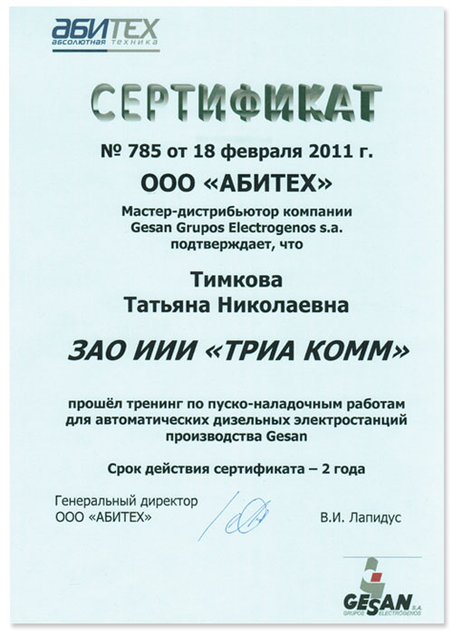 Сертификат GESAN об обучении работам для дизельных электростанций, выданный Татьяне Тимковой