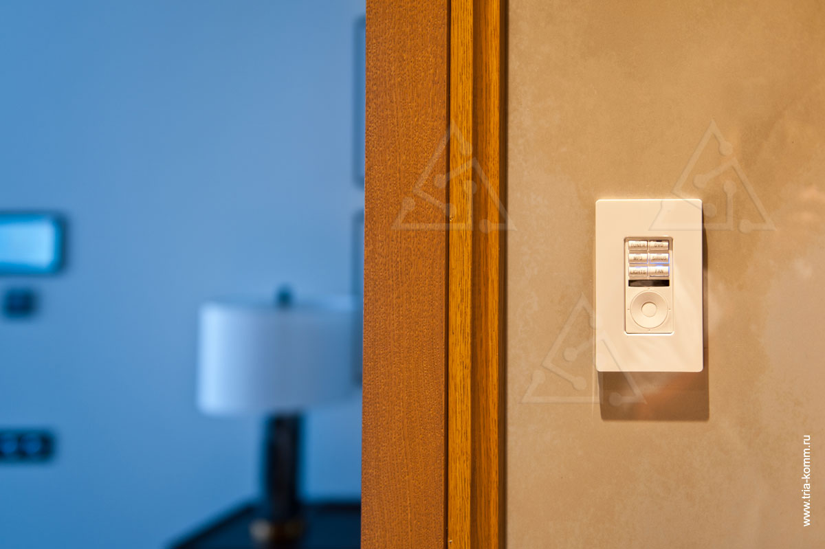 Фото кнопочной панели управления освещением, мультирум и вентиляцией в гостевом санузле квартиры